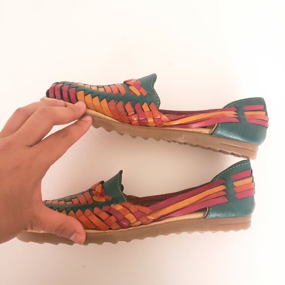 Linea Diamante Huaraches Green Colorful Leather Unisex Sandals Made in Mexico - Picture 5 of 13